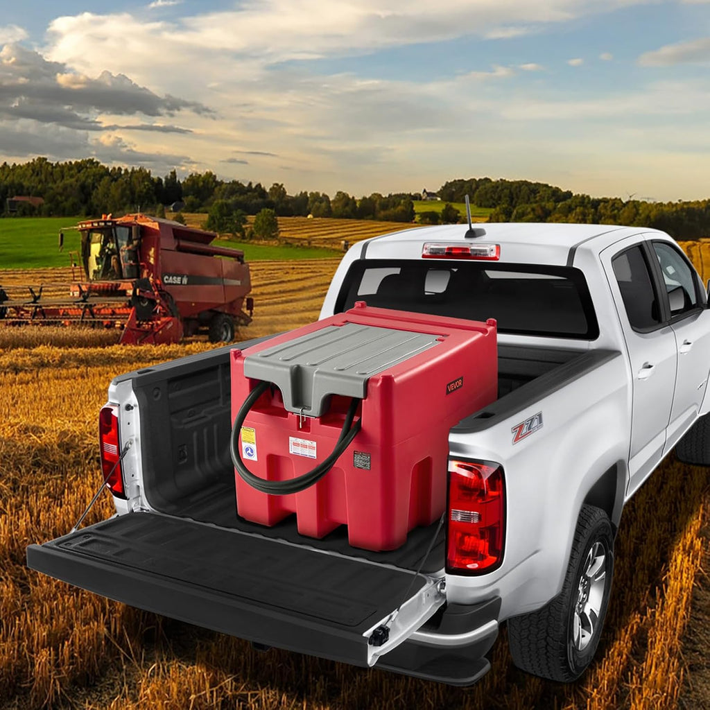 VEVOR Portable Diesel & Gasoline Tank, 116 Gallon, 10 GPM Flow Rate, Gasoline Fuel Tank with 12V Electric Transfering Pump, 13.1ft Hose, Auto Fueling Nozzle, Transfer Tank for Easy Transportation, Red