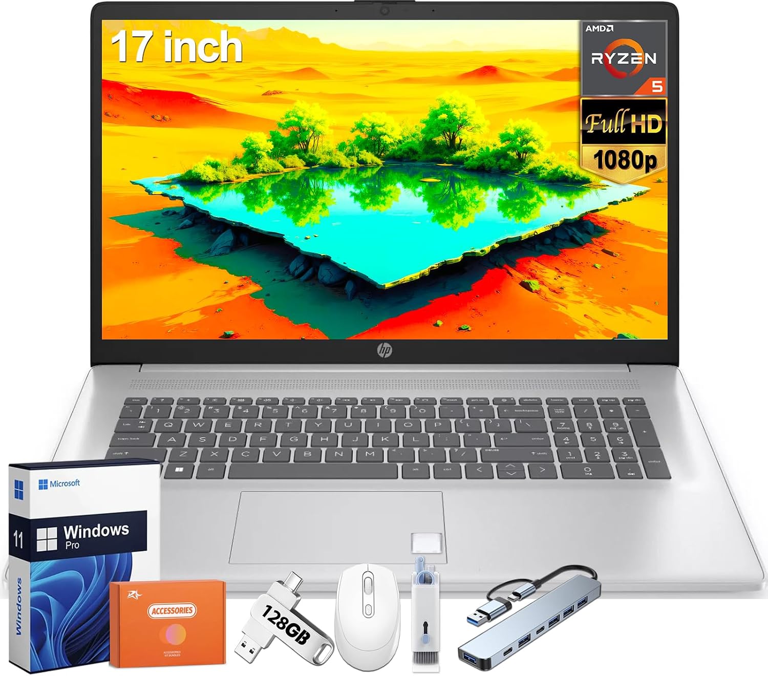 HP 17 inch Laptop, Windows 11 Pro, AMD Ryzen 5 7430U, 64 GB DDR4 RAM, 1 TB SSD, 17.3' FHD Display, AMD Radeon Graphics, Long Battery Life, Anti-Glare, Wi-Fi 6