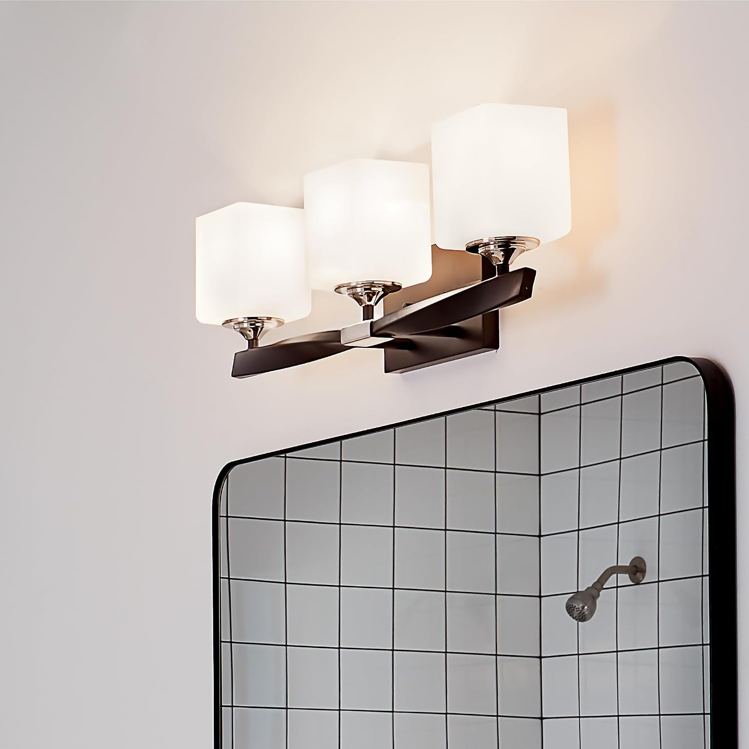 Kichler Marette 22.75' Vanity Light in Black, 3-Light Modern Bathroom Light with Satin Etched Cased Opal Glass, (22.75' W x 8' H), 55002BK
