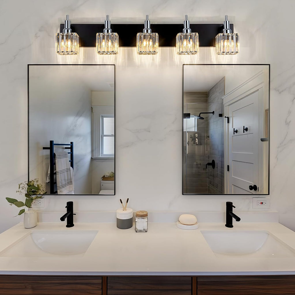 Black Chrome Bathroom Vanity Lights, 5 Lights Modern Crystal Bathroom Lighting Fixtures Over Mirror Crystal Wall Light with Square Shade