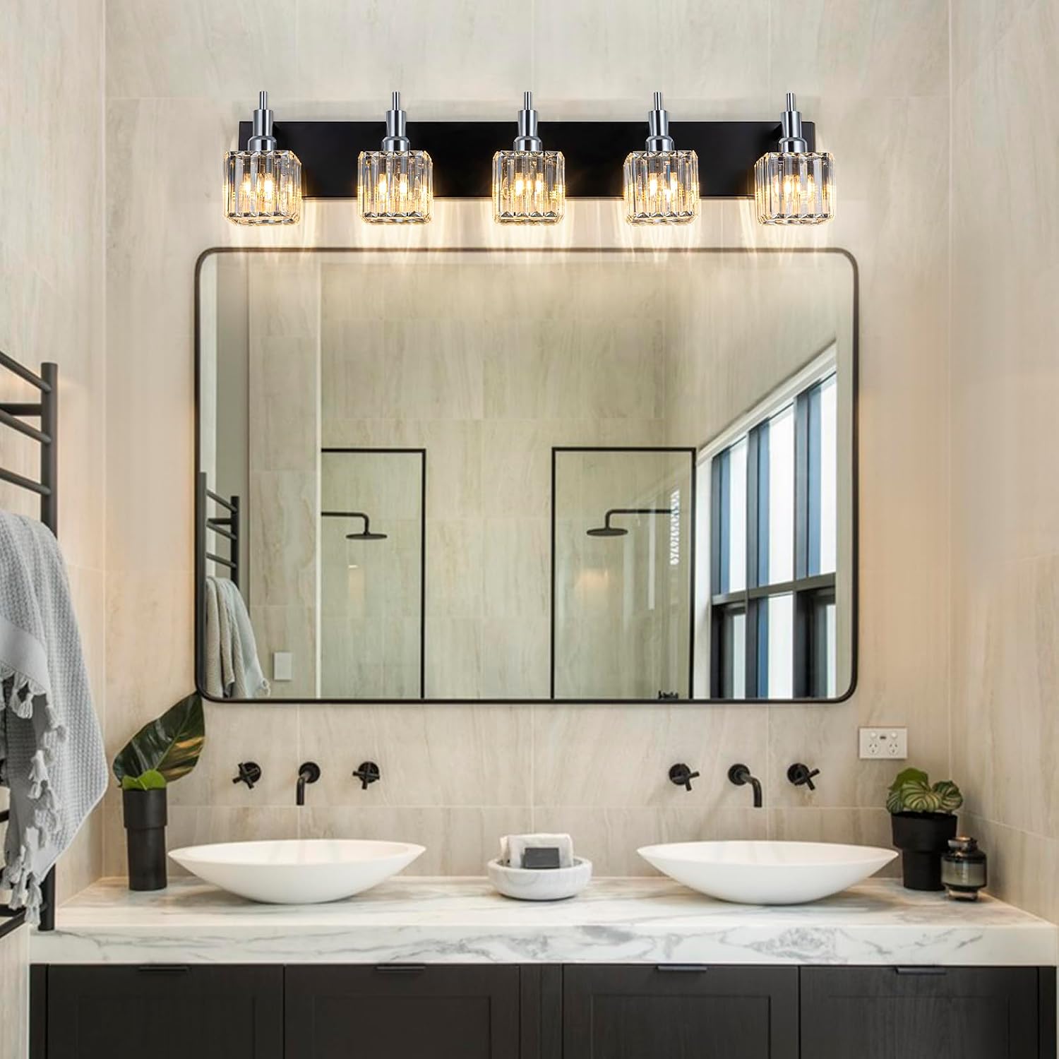 Black Chrome Bathroom Vanity Lights, 5 Lights Modern Crystal Bathroom Lighting Fixtures Over Mirror Crystal Wall Light with Square Shade