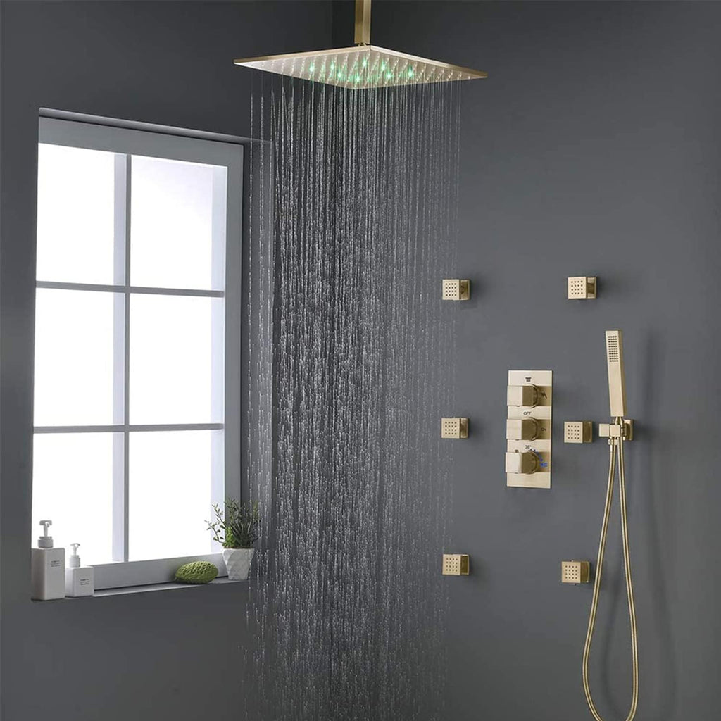 Brushed Gold Rain Shower System with Body Jet, HOMEDEC 12inch LED Rainfall Shower Head System Thermostatic Faucet Set with Body Spray and Handheld
