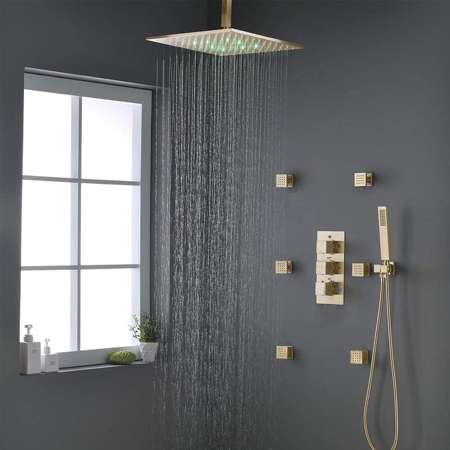 Brushed Gold Rain Shower System with Body Jet, HOMEDEC 12inch LED Rainfall Shower Head System Thermostatic Faucet Set with Body Spray and Handheld