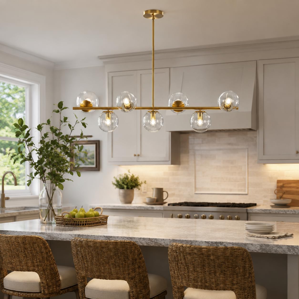 KCO Lighting 7-Light Clear Glass Globe Sputnik Chandelier Mid Century Modern Pendant Hanging Light Gold Brass for Kitchen Island Dining Living Room