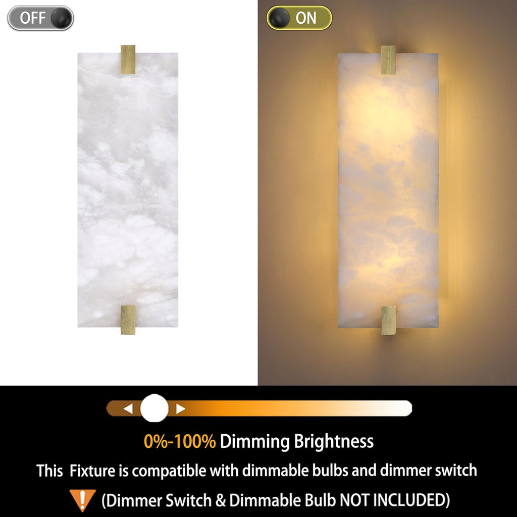 2 Pack 2 Light Square 14.7' Alabaster Marble Bathroom Wall Sconce Modern Concise Style Wall Light Fixture,Gold Finish for Bedroom Hallway Bedside