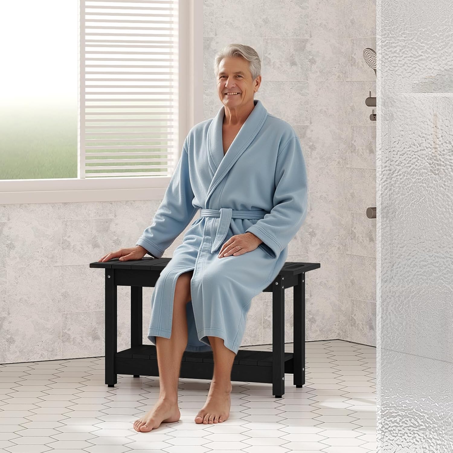 30' Shower Bench, Waterproof Poly Lumber Shower Stool for Shaving Legs, Shower Chair Seat Holds up to 400lbs, Bathroom Bench for Inside Shower, Non-Slip (Black)