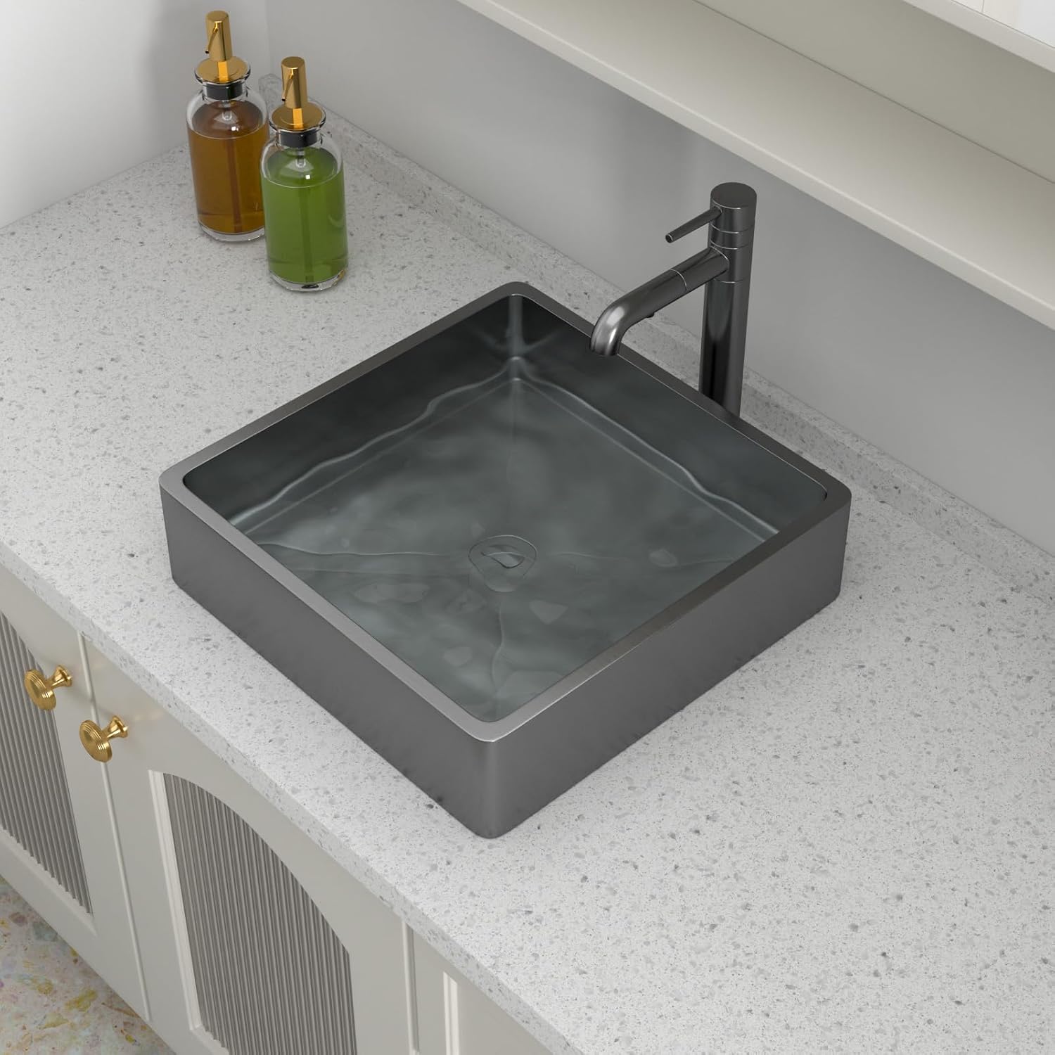 Logmey 15' Black Shallow Bathroom Vessel Sink 15x15 Square Handmade 16 Gauge Stainless Steel Above Counter 4 Inch Deep RV Bathroom Sink Sinks with Pop up Drain Set