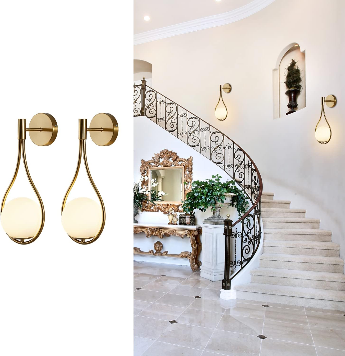 BOKT Globe Wall Sconce Modern Wall Lights Set of 2 Brushed Bathroom Scones Water Drop Wall Light Indoor Decor Lamp Vintage Farmhouse Wall Lamp Fixture for Living Room Bedroom…