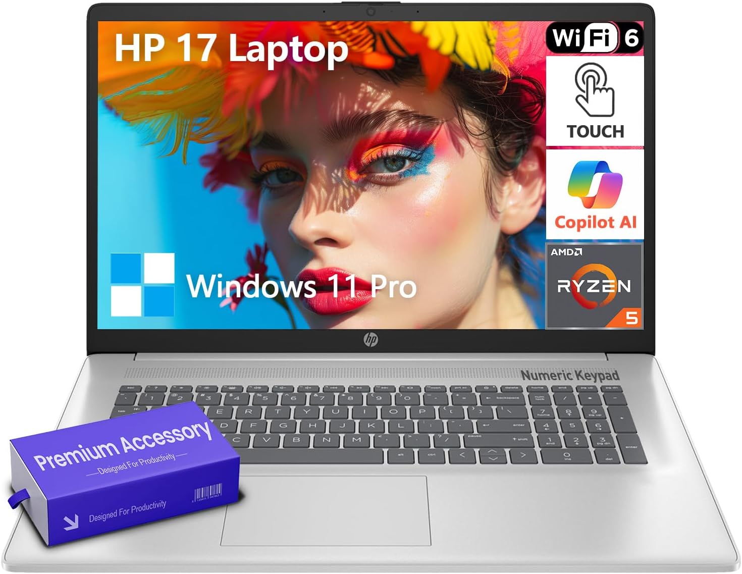 HP 17.3' Touchscreen Laptop, 17 Inch HD+ Touch Screen Business Laptop with Windows 11 Pro, AMD Ryzen 5 (6-Cores), 16GB RAM 1TB SSD, Full-size Keyboard | 10-Key Number Pad | Copilot Key, wAccessory