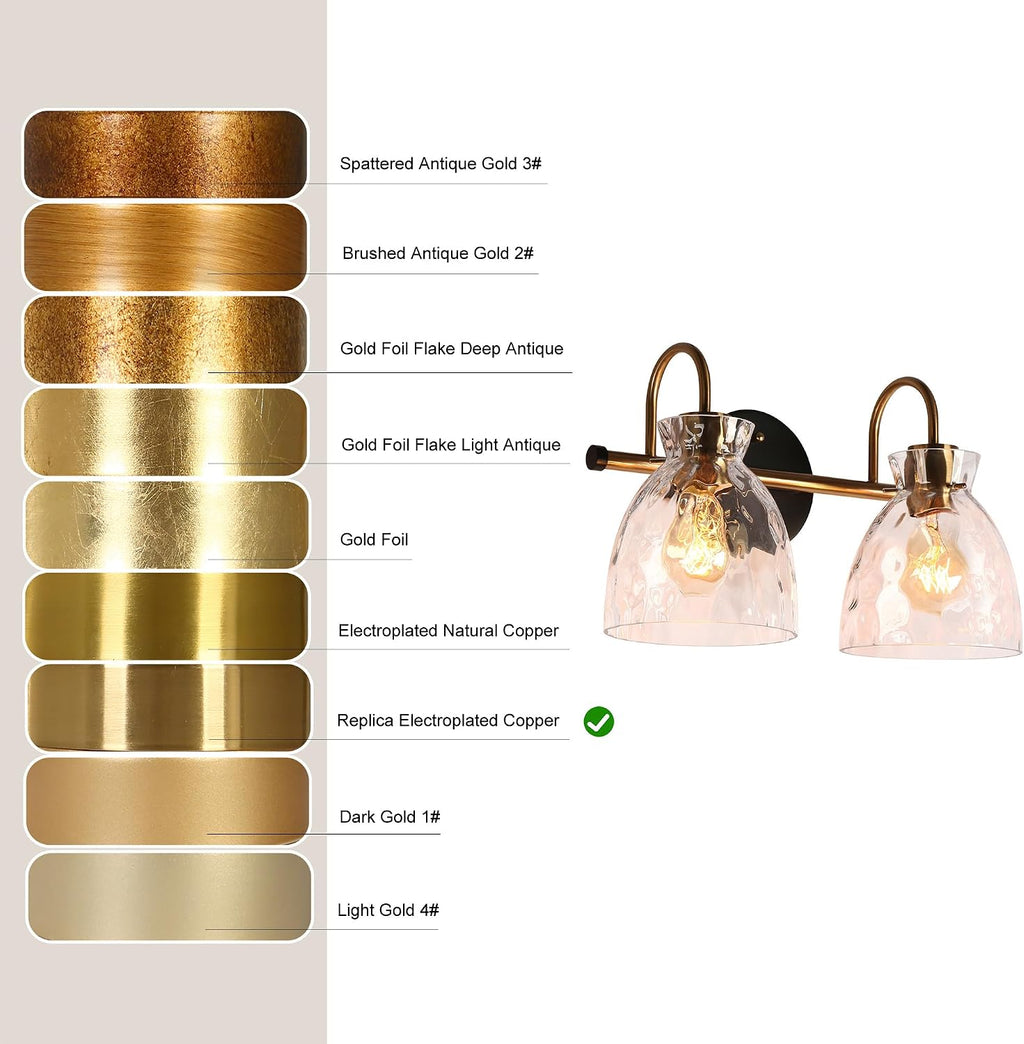 KSANA Modern Bathroom Vanity Lights, 2 Light Vanity Light Fixtures for Bathroom Black and Electroplated Brass Finish Mid-Century Wall Lamps with Water Ripple Glass