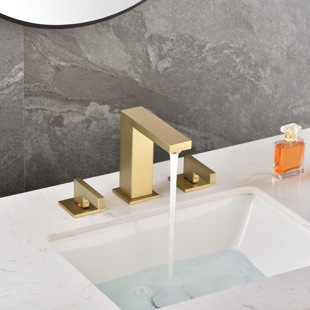 sumerain Brushed Gold 8 Inch Widespread Bathroom Faucet 2 Handle Lavatory Faucet Solid Brass, with Quick Connect Hose