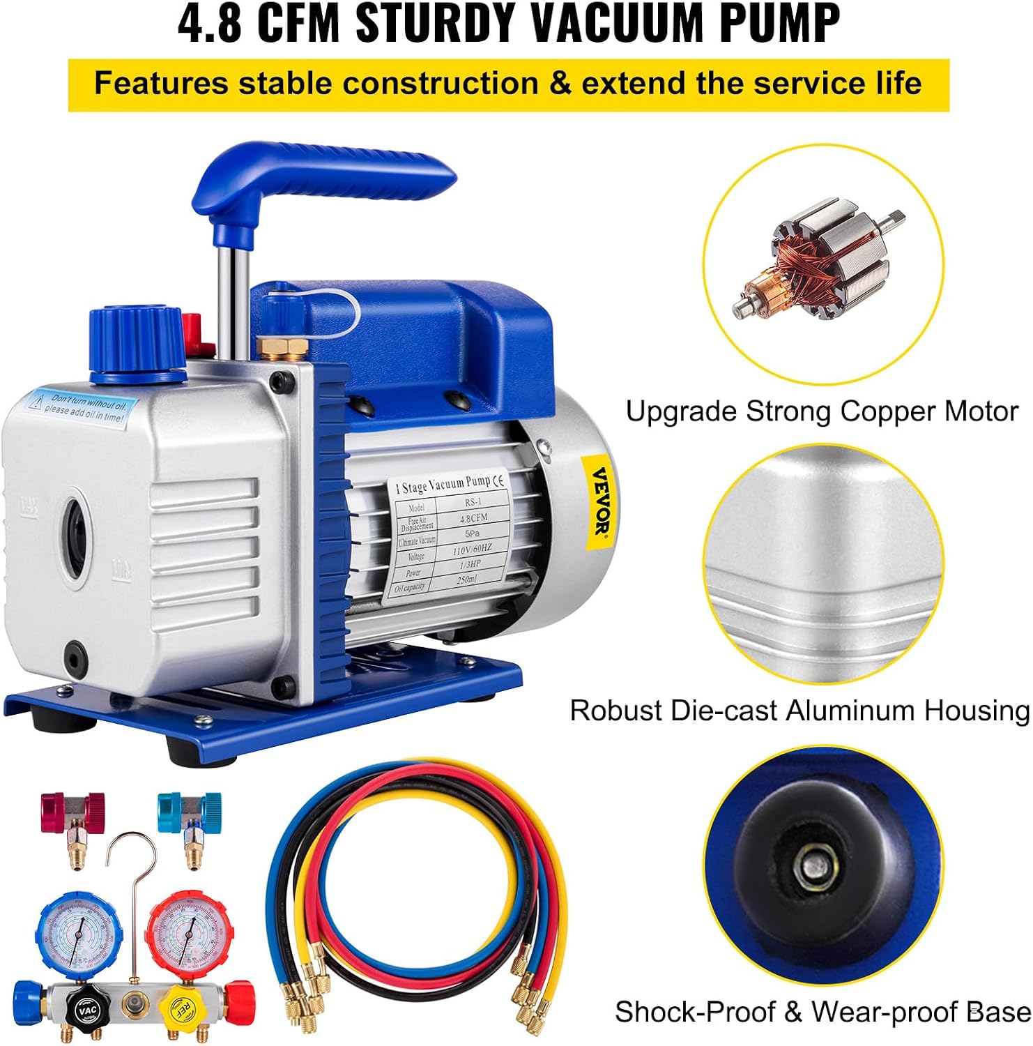 VEVOR Vacuum Pump 4.8CFM 1/4 HP Single Stage HVAC A/C Refrigeration Kit 5PA Ultimate Vacuum Manifold Gauge Set R12 R404A R410A R134A R22 HVAC AC, Manifold Gauge and Hose for Air Conditioning Systems