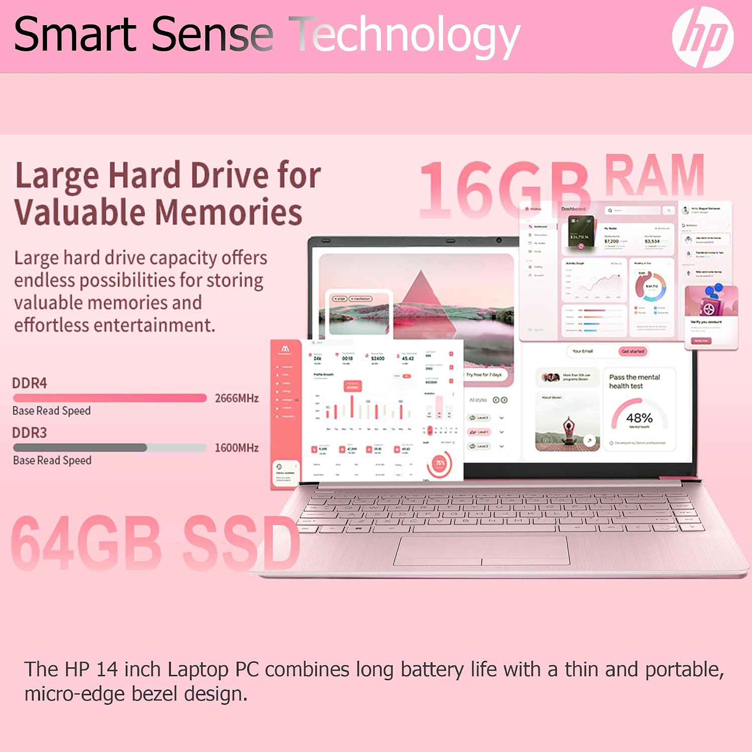 HP Ultralight 14 inch Laptop with Intel 4-Core Processor • with Microsoft 365 and Wireless Earbuds • 16GB RAM • 64GB SSD • HD Display • Pink • Windows 11