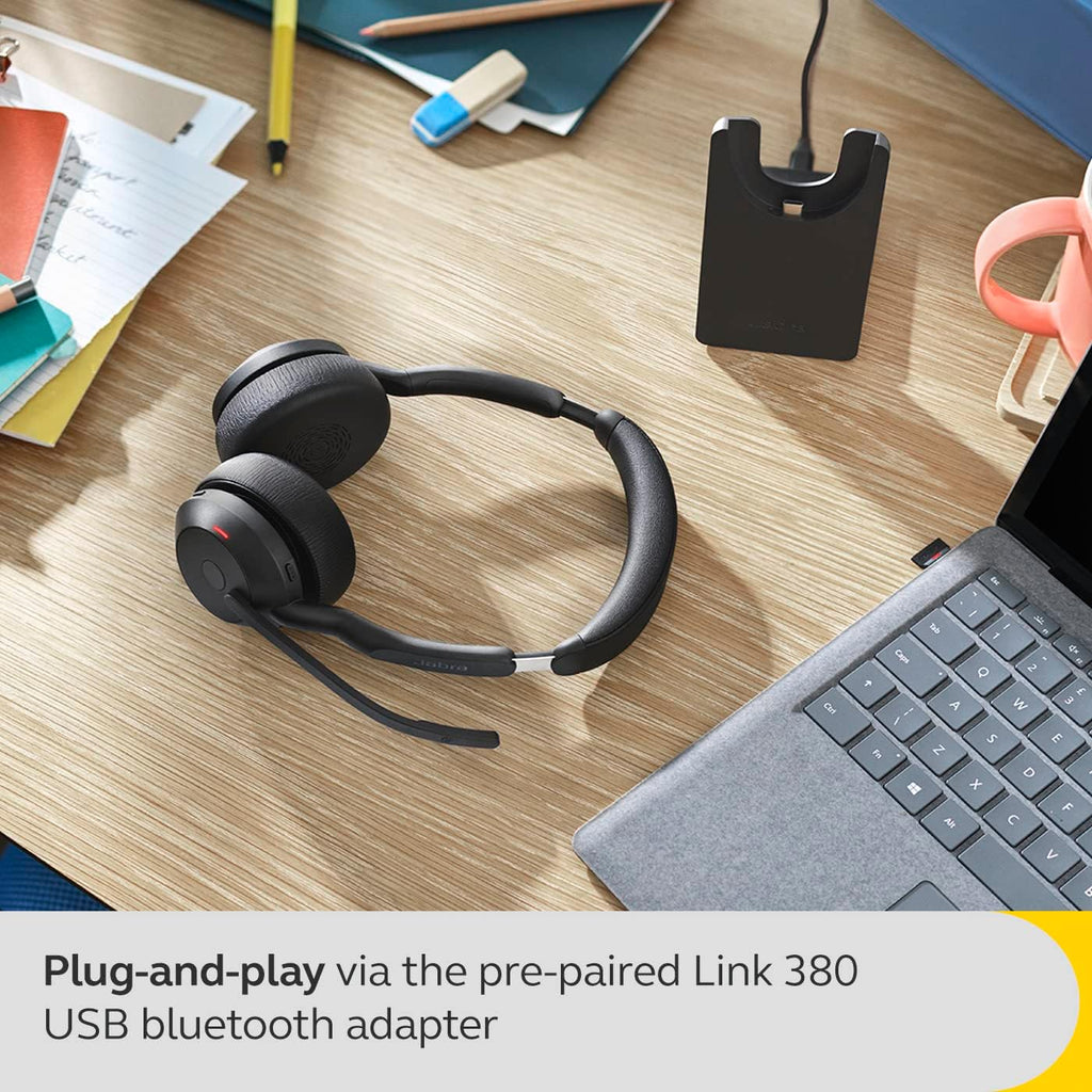 Jabra Evolve2 55 Stereo Wireless Headset with Charging Stand AirComfort Technology, Noise-Cancelling Mics & Active Noise Cancellation - MS Teams Certified, Works with Other Platforms - Black