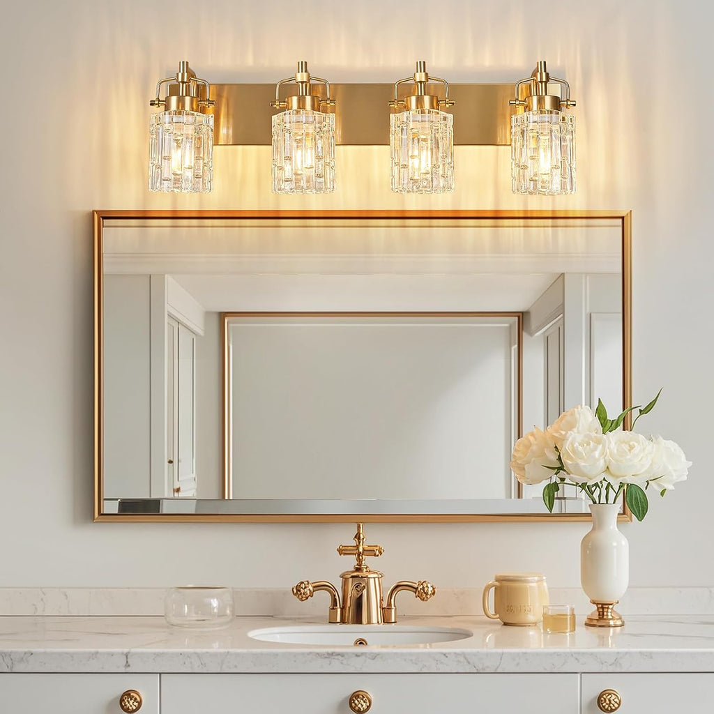 4 Light Crystal Glass Vanity Light, Gold Bathroom Lighting Fixtures Over Mirror Modern Bath Wall Sconce Lighting for Bedroom Living Room
