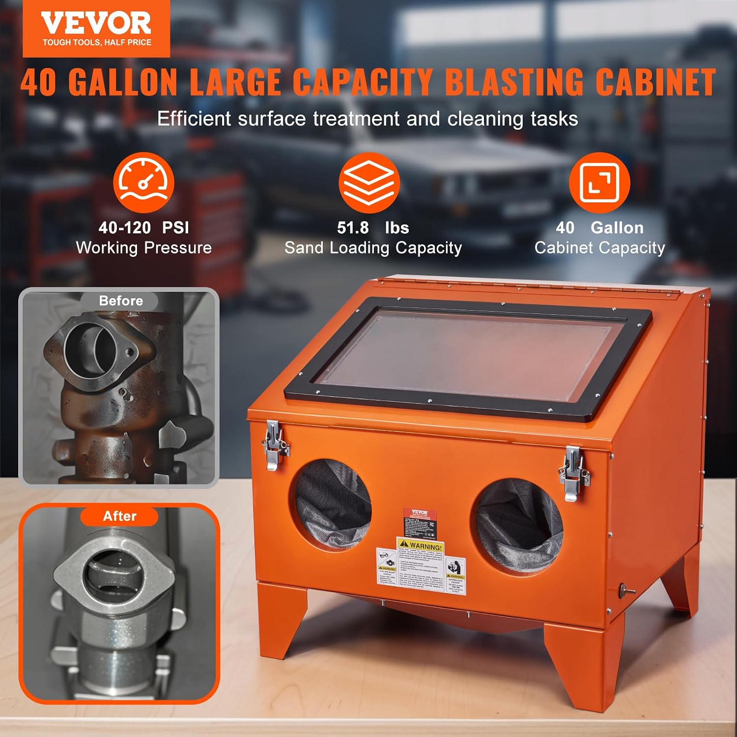 VEVOR 40 Gallon Sandblasting Cabinet, 40-120PSI Portable Benchtop Sand Blasting Cabinet, Heavy Duty Steel Sand Blaster with Blasting Gun & 4 Ceramic Nozzles for Paint, Stain, Rust Removal