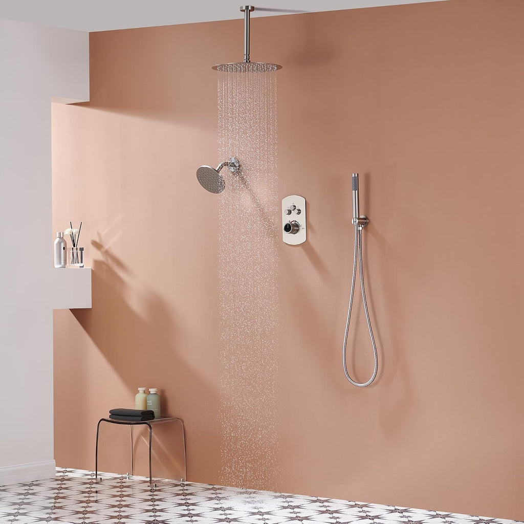 MONDAWE 12 Inch Ceiling Mounted Shower System in Brushed Nickel, 3-Function Shower Faucet Set with Rainfall Dual Shower Head and High Pressure Handheld Spray, All Function Can be Used At the Same Time