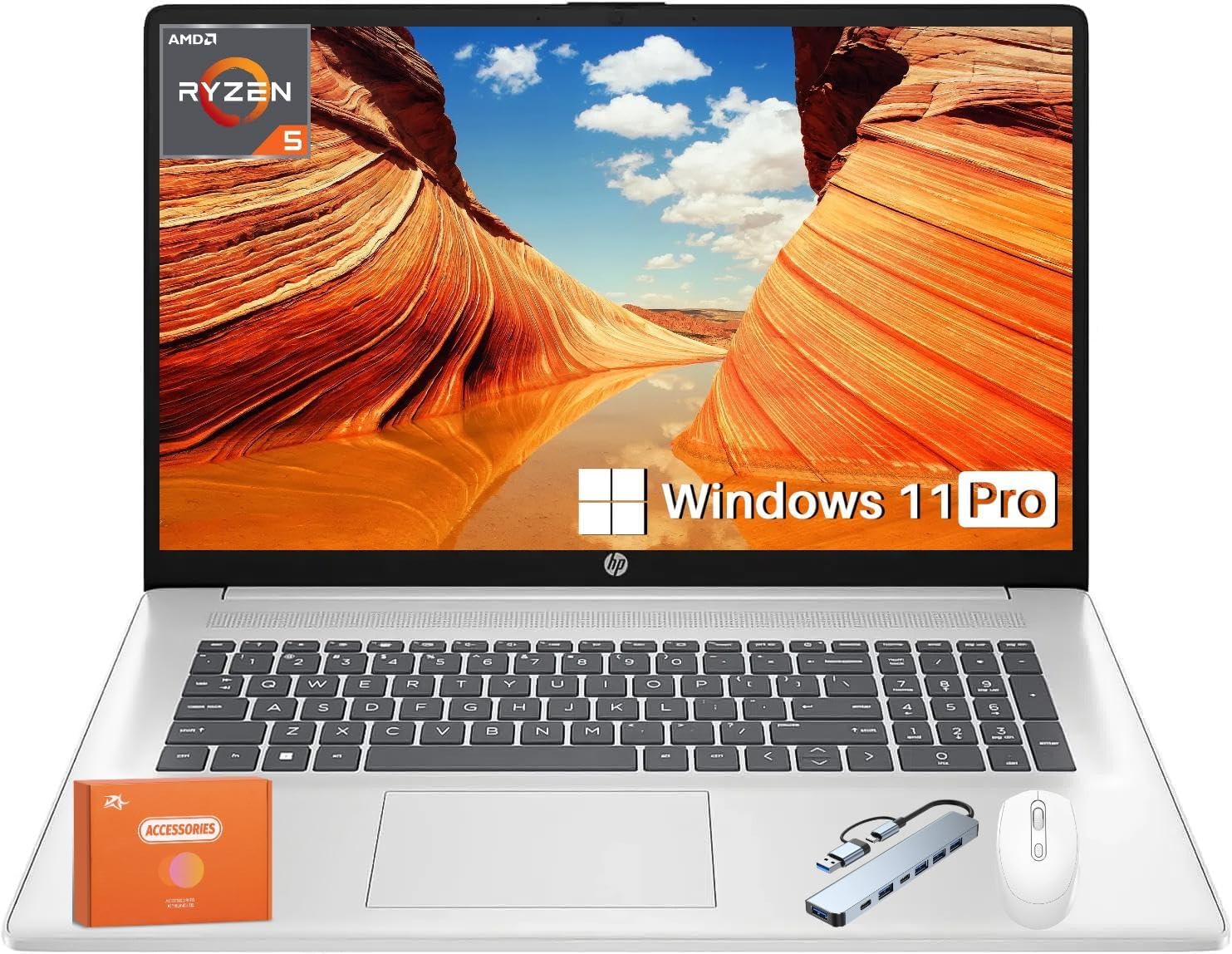 HP 17 inch Business Laptop, AMD Ryzen 5 7430U, 17.3' Full HD IPS Anti-Glare Display, AMD Radeon Graphics, 32 GB RAM, 1 TB SSD, Copilot in Windows, Wi-Fi 6, Windows 11 Pro, w/Accessories