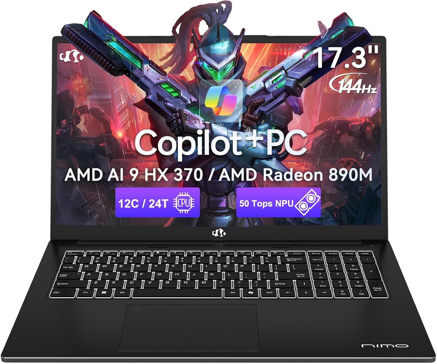 NIMO 17.3' AI Laptop, AMD Ryzen AI 9 HX 370(50 Tops NPU), Radeon 890M, 64GB DDR5 RAM 4TB SSD, 144Hz, PD 100W USB-C 4.0, Copilot+ PC AI Laptop with Wi-Fi 6E for Working Business Student