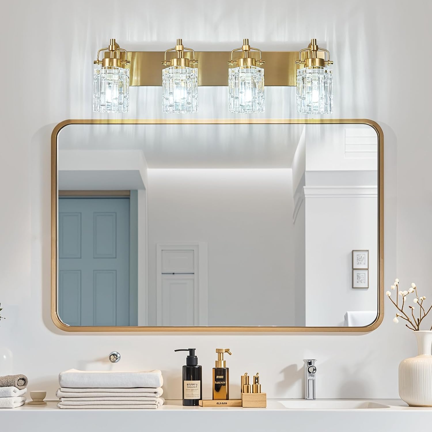 4 Light Crystal Glass Vanity Light, Gold Bathroom Lighting Fixtures Over Mirror Modern Bath Wall Sconce Lighting for Bedroom Living Room
