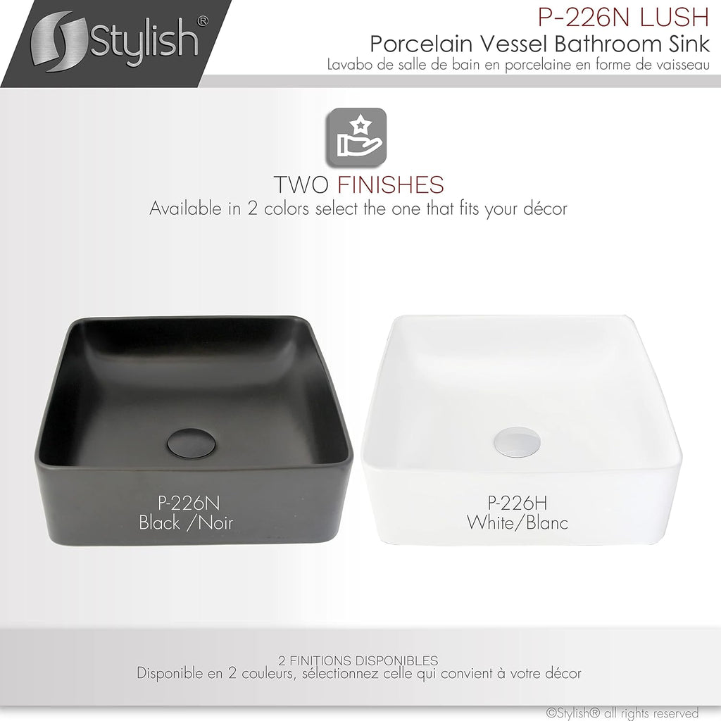 Stylish Vessel Sink 14.5 x 14.5 Inch Square Porcelain Over the Counter Black Bathroom Sink Enamel Glaze Finish Smooth and Stain Resistant Non Porous Surface, P-226N