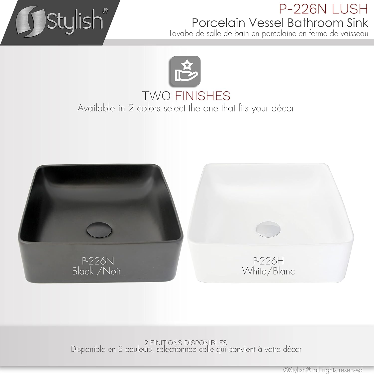 Stylish Vessel Sink 14.5 x 14.5 Inch Square Porcelain Over the Counter Black Bathroom Sink Enamel Glaze Finish Smooth and Stain Resistant Non Porous Surface, P-226N