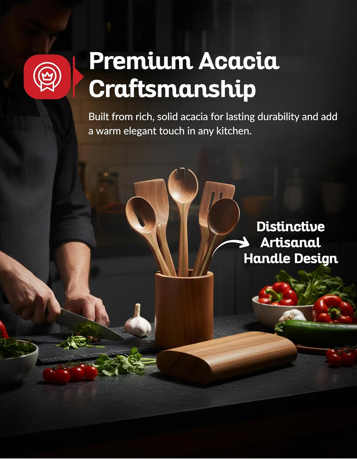 Acacia Utensil Set of 5 with Holder – Premium Wooden Cooking Utensils, Eco Friendly Acacia Wood Spatula & Spoon Set, Nonstick Safe Kitchen Tools