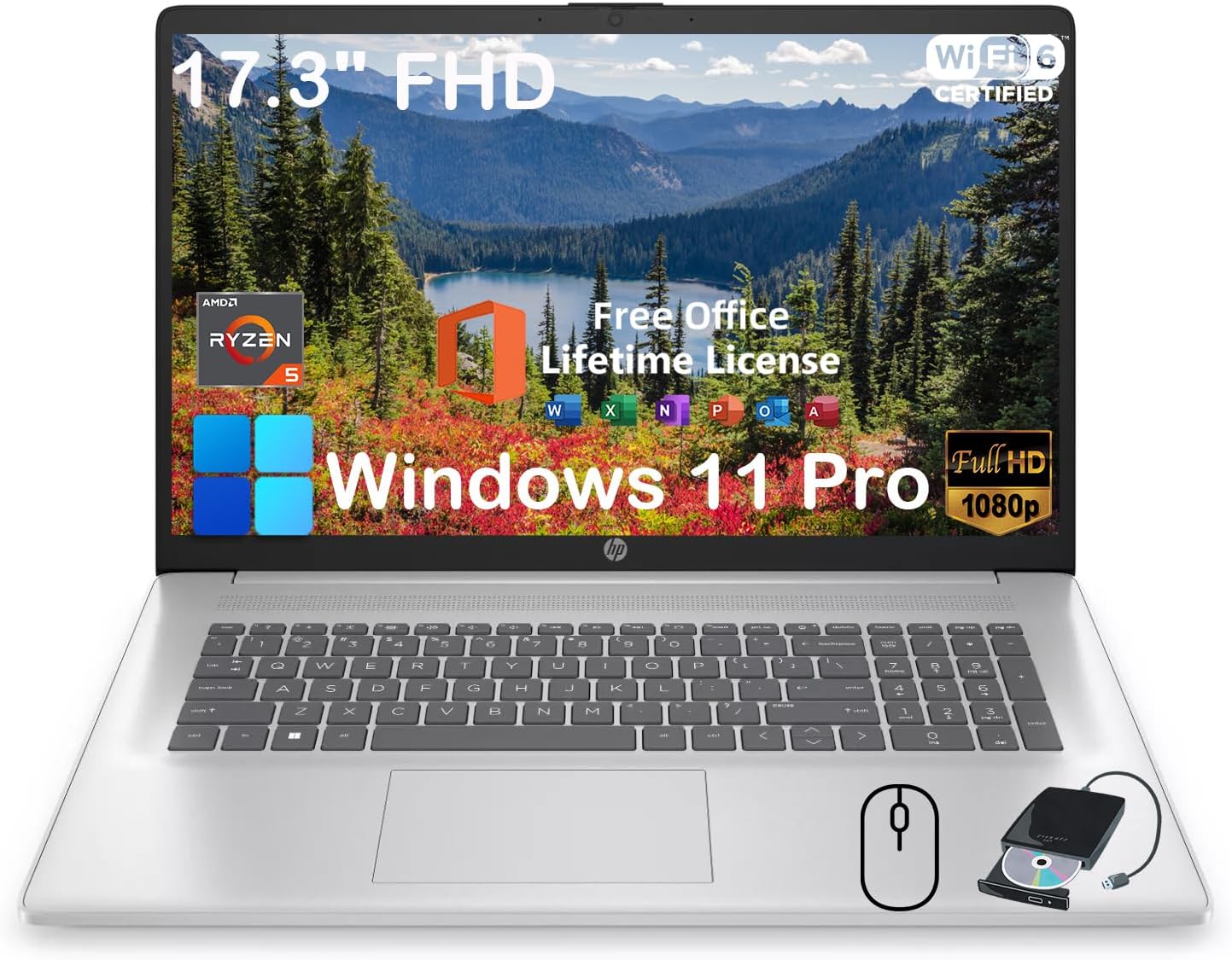 HP 17.3' Business Laptop Computer - with Office Lifetime License & External CD/DVD Drive, 17.3 inch FHD Display, Win 11 Pro, AMD 6-core Ryzen 5 7430U, 64GB RAM, 2TB SSD, Webcam, Wi-Fi 6