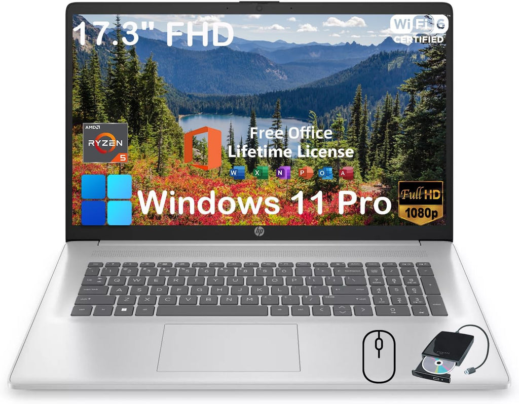 HP 17.3' Business Laptop Computer - with Office Lifetime License & External CD/DVD Drive, 17.3 inch FHD Display, Win 11 Pro, AMD 6-core Ryzen 5 7430U, 16GB RAM, 1TB SSD, Webcam, Wi-Fi 6