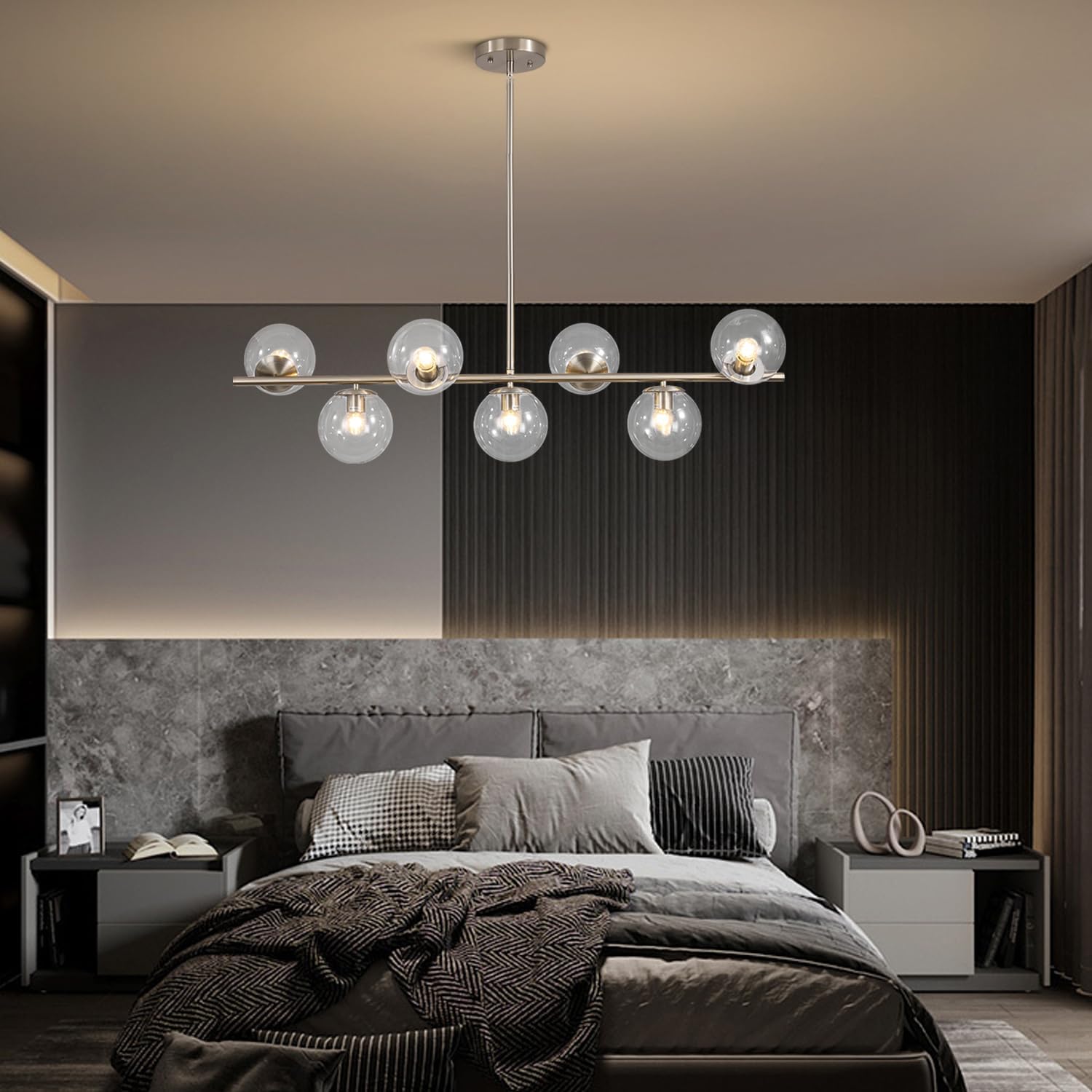 KCO Lighting Modern 7-Light Brushed Nickel Metal Large Chandelier Nordic Clear Glass Globe Farmhouse Pendant Light Silver Minimalist Adjustable Kitchen Island Hanging Ceiling Lights