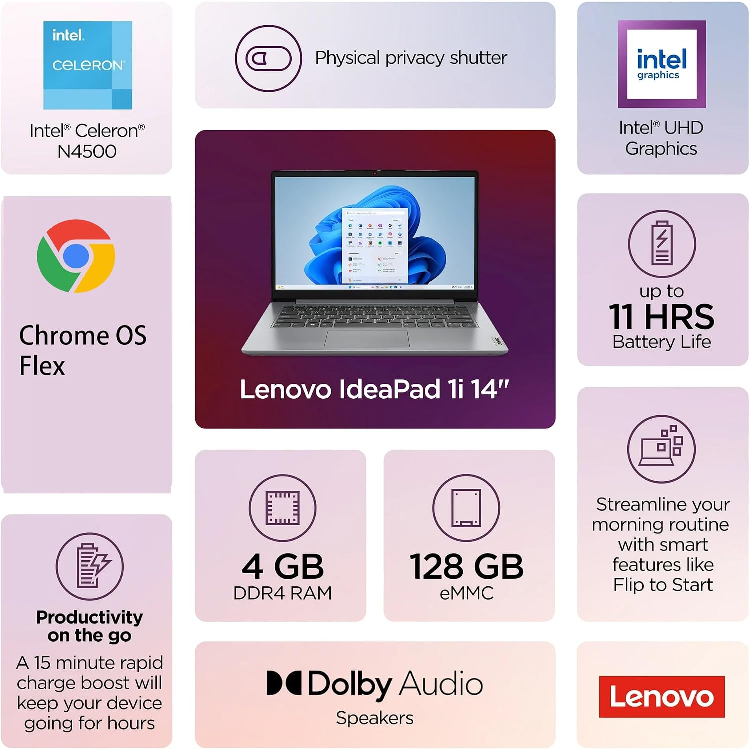 Lenovo IdeaPad 14 Inch HD Chromebook Laptop | Intel Dual-Core CPU | 8GB RAM, 128GB Storage | 11HR Battery | Dolby Audio | ChromeOS Flex, Designed Purely for School & Work, Game App Not Allowed