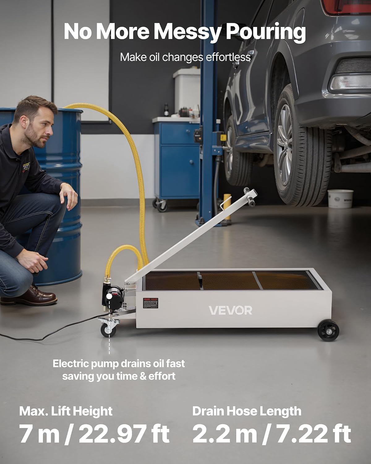 VEVOR Low Profile Electric Oil Drain Pan, 20 Gal Capacity, Rolling Oil Drain Pan with 110V High-Flow Pump, 7.2 ft Hose & T Folding Handle, Leak-proof & Corrosion-resistant, Fit for Trucks, ATVs, White