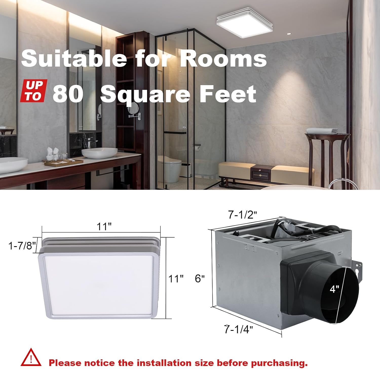 Akicon Bathroom Exhaust Fan with Light, 80CFM 2.0 Sones Powerful Bathroom Fan and Humidity Sensor Switch Combo, 3CCT LED Light and Nightlight Ventilation Fan for Home, Square, Sliver