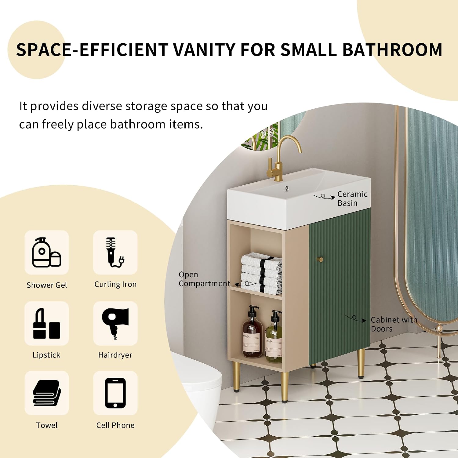 Merax 20 Inch Bathroom Vanity with Sink, Narrow Depth Bathroom Vanities,Wood Vanity Cabinet,Soft Closing Door,Freestanding Sink Cabinet W/Open Side Shelves, Dark Green