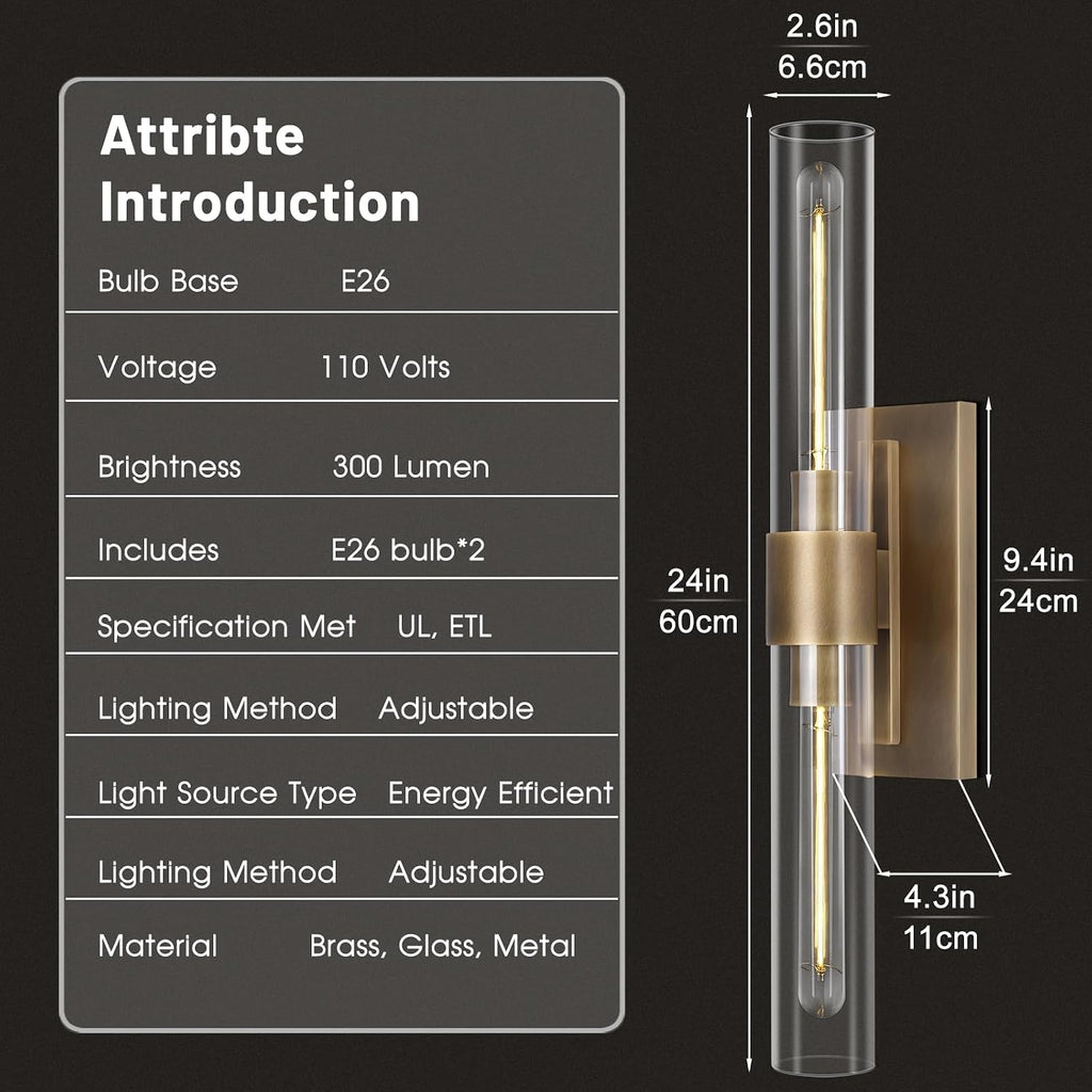 Brass Bathroom Vanity Wall Sconces, Glass Tube Wall Sconces, 24 Inch Horizontal or Vertical Linear Wall Sconces,Gold Vanity Light, Bathroom Wall Sconce, E26 Bulb Included