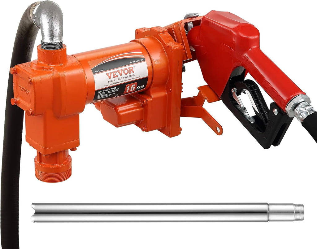 VEVOR Fuel Transfer Pump, 12V DC 16 GPM 1/4 HP, Gasoline Extractor Pump with Automatic Nozzle, Discharge Hose & Suction Pipe for Gasoline, Diesel, Kerosene, Ethanol & Methanol Blends, and Biodiesel