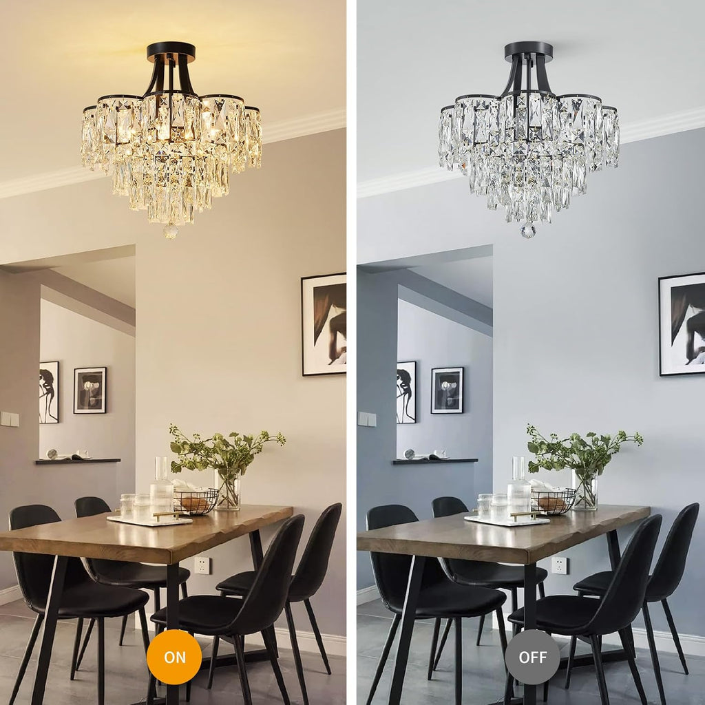 WUZUPS Crystal Chandelier Semi-Flushmount Ceiling Light Modern Lighting Fixture for Bedroom Hallway Entry Kitchen Bathroom, H 19.3' x W 18.3', E12 Base, Black