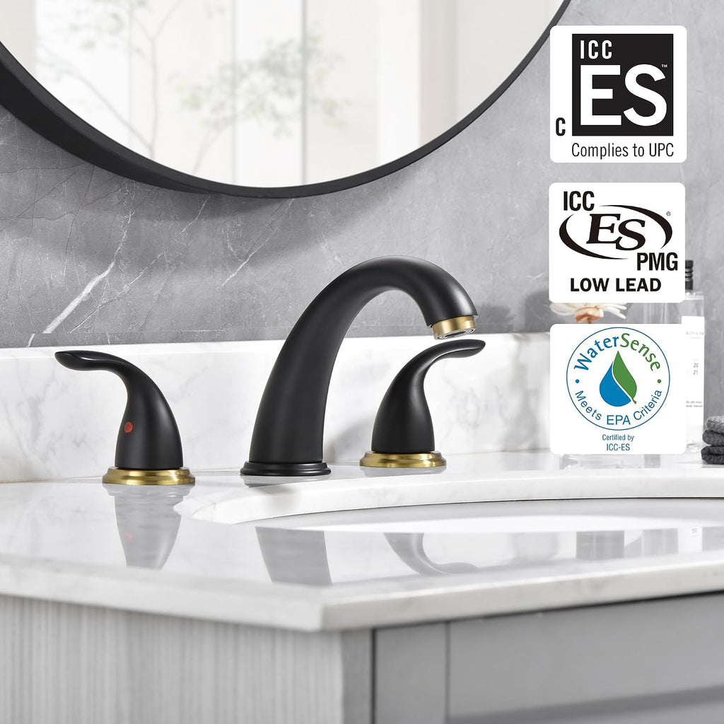 sumerain 8 Inch Widespread Bathroom Faucet 3 Hole Vanity Faucet SUS 304 Stainless Steel, Black&Gold
