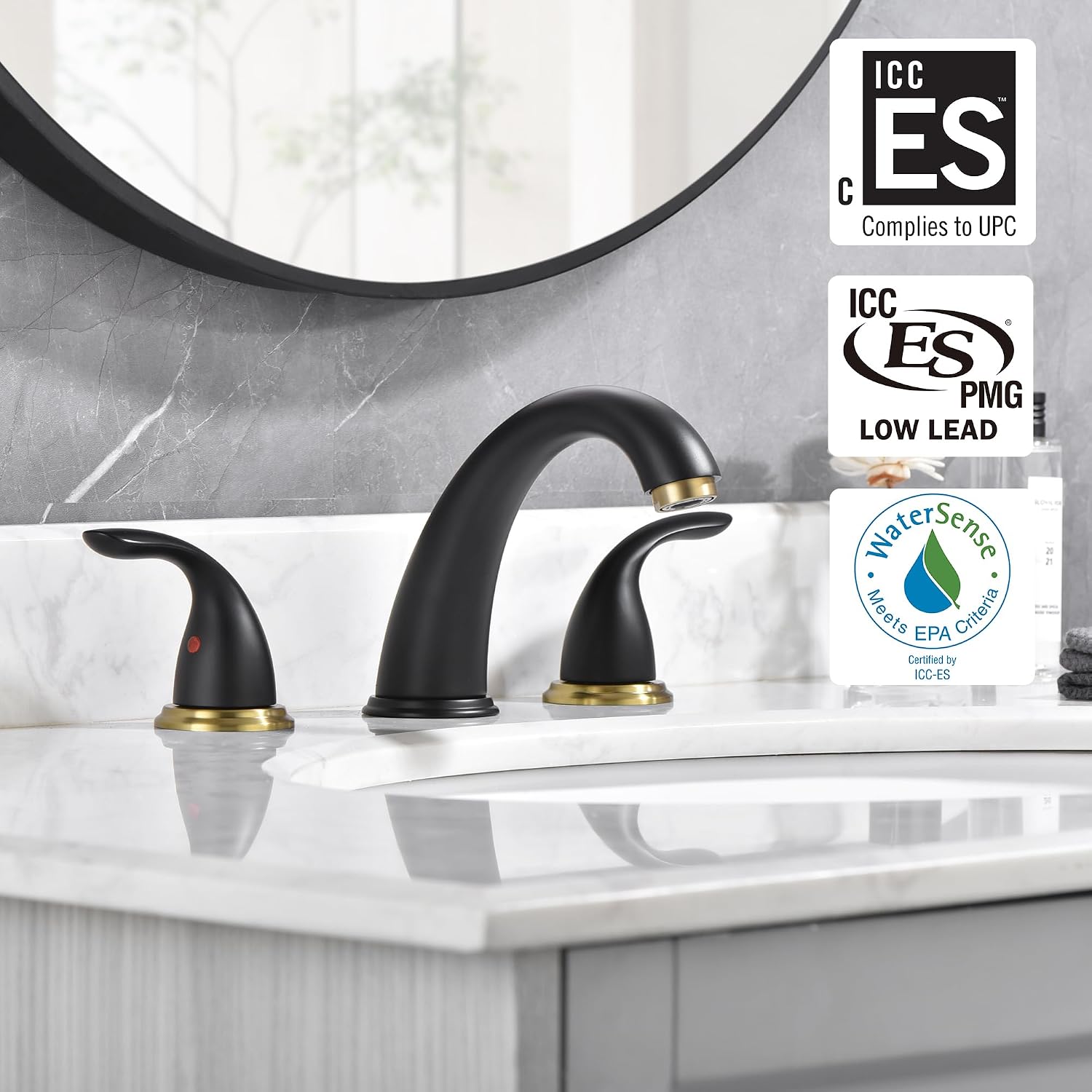 sumerain 8 Inch Widespread Bathroom Faucet 3 Hole Vanity Faucet SUS 304 Stainless Steel, Black&Gold