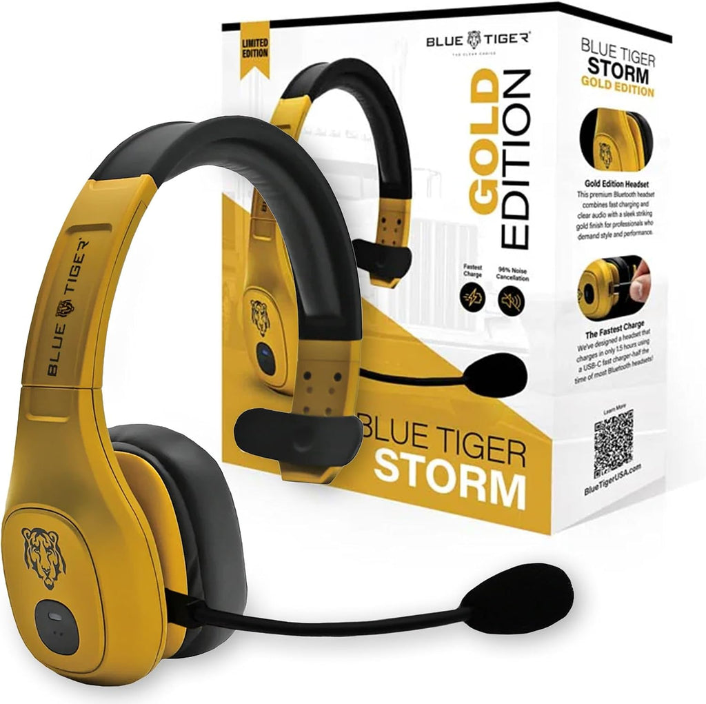 Blue Tiger Storm Gold - Premium Trucker Bluetooth Headset-Wireless Noise Canceling Mono Headset with Mic -High-Fidelity Sound, 30-Hour Talk Time, USB-C Charging - for Truck Drivers, Bluetooth 5.0