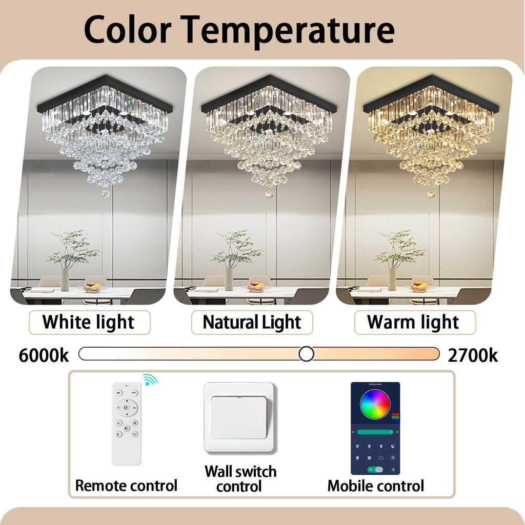 Luxury 20' Square K9 Crystal Flush Mount Chandelier, Modern Black 6-Light LED Ceiling Light, Dimmable Chandeliers Fixture for Dining Room, Living Room, Bedroom, Entryway