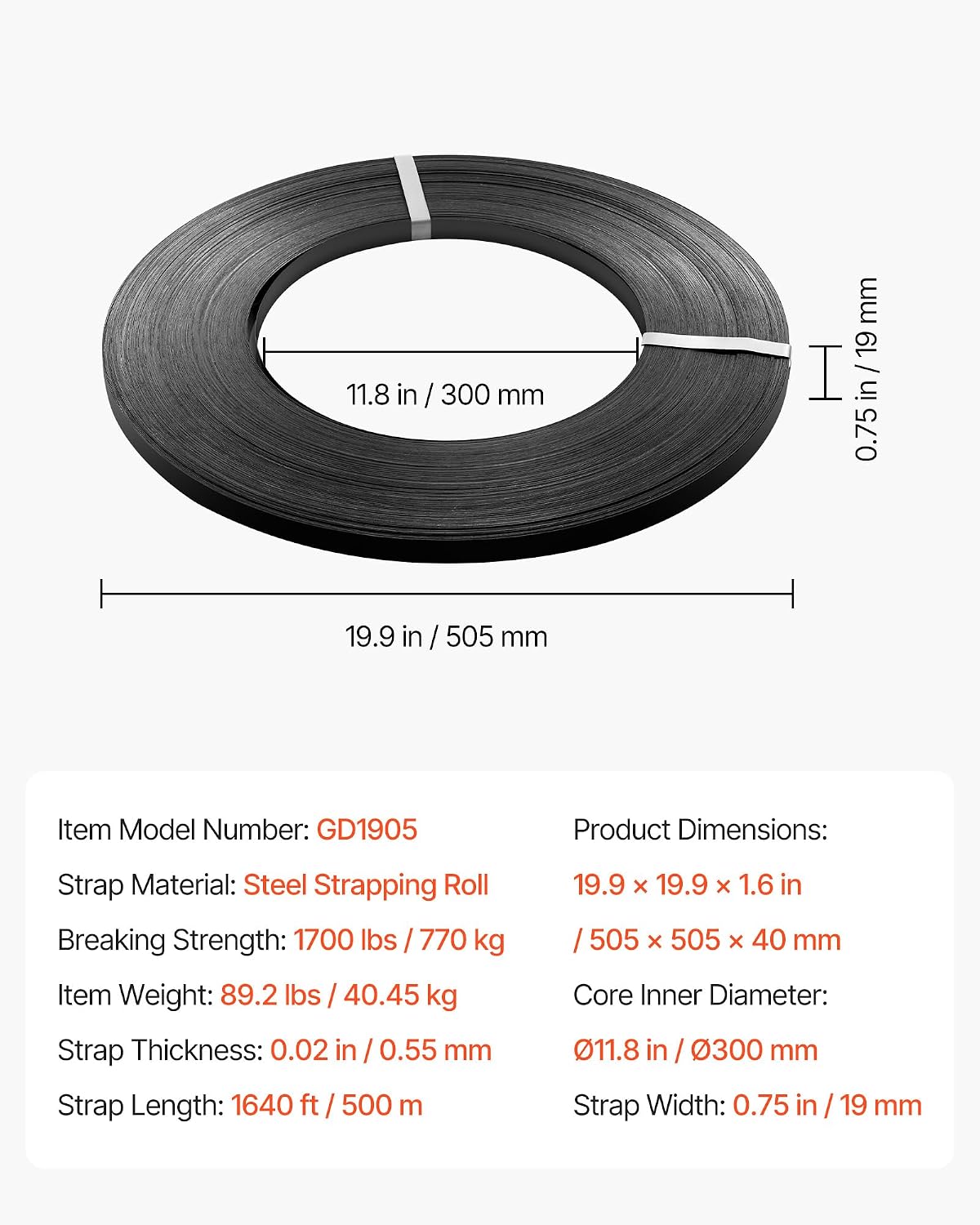 VEVOR Steel Strapping Coil, 3/4 in x 0.02 in x 1640 ft, Metal Strapping Banding Roll Withstands Harsh Environment, 1700 lbs Break Strength, Heavy Duty Banding Pallet Strap Coil for Pallet Packing