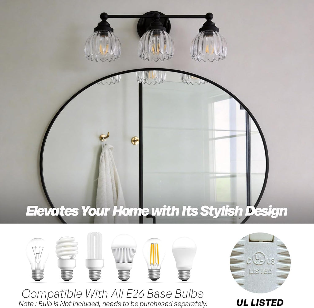 Vintage Triple Arm Tulip Glass Wall Sconce Lighting, 3-Lights Bathroom Vanity Light Fixture for Hallway Bedroom Living Room Bedside Nightstands Lights