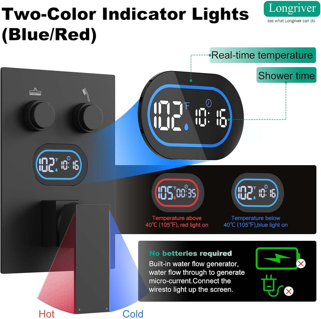 Push Button Diverter Shower Faucet Set, Hydro Power Temperature Display, Shower System 10 Inch Shower Head with Handheld Spray, Wall Mounted Shower Fixtures with Shower Valve and Trim Kit, Matte Black