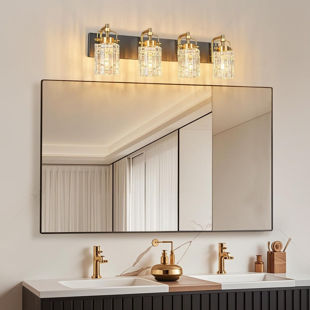 4 Light Crystal Glass Vanity Light, Black Gold Bathroom Lighting Fixtures Over Mirror Modern Bath Wall Sconce Lighting for Bedroom Living Room