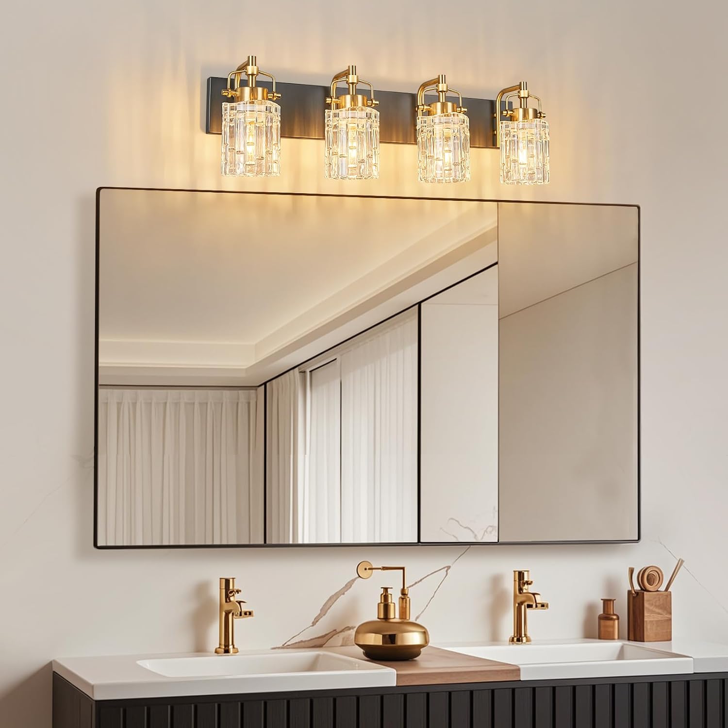 4 Light Crystal Glass Vanity Light, Black Gold Bathroom Lighting Fixtures Over Mirror Modern Bath Wall Sconce Lighting for Bedroom Living Room