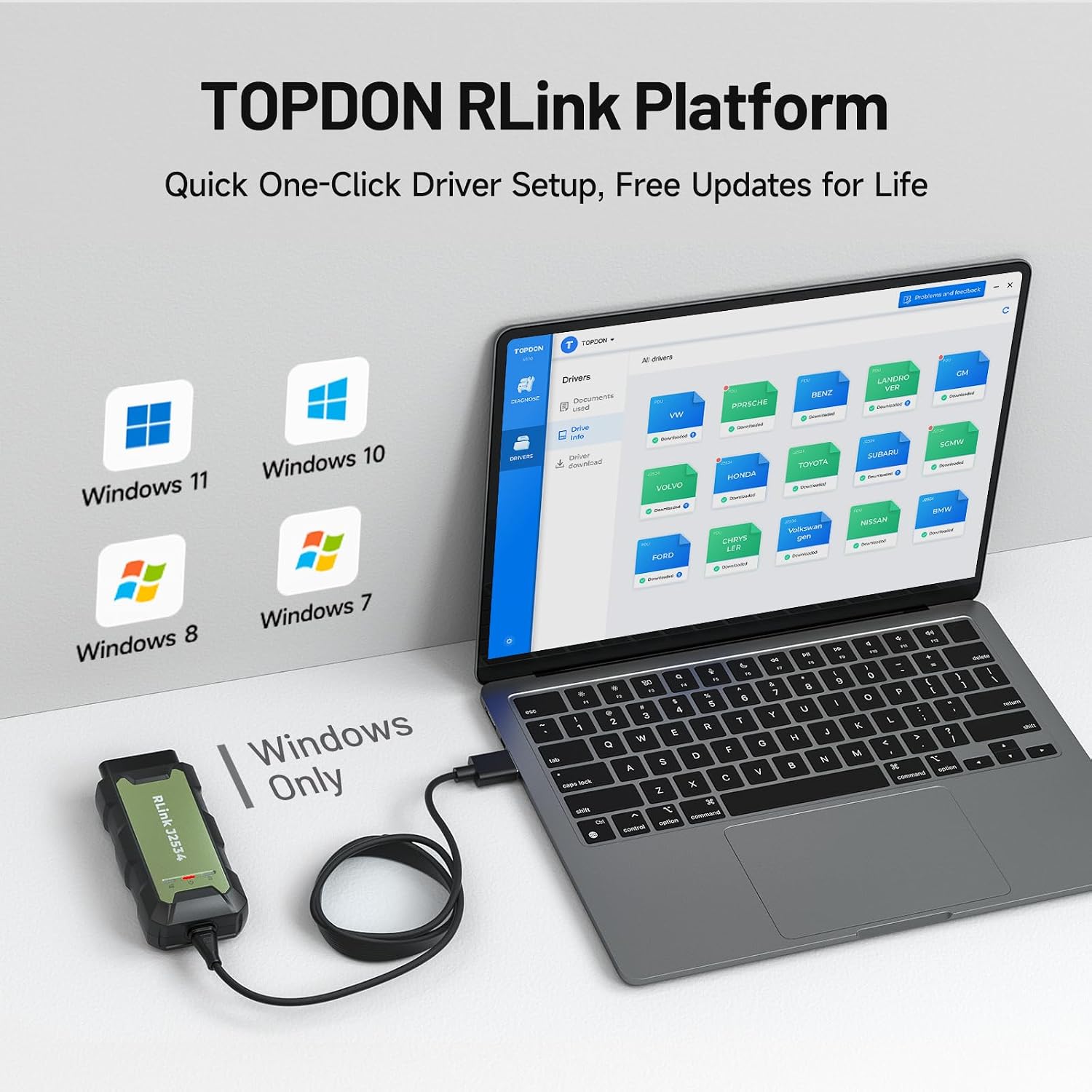 TOPDON RLink J2534 OEM Reprogramming and Diagnostic Tool, Enhanced J2534 VCI, J2534-Pass-Thru for J2534/D-PDU/CAN-FD/DoIP, Supports 18+ Vehicle Brands, No OE Software Provided