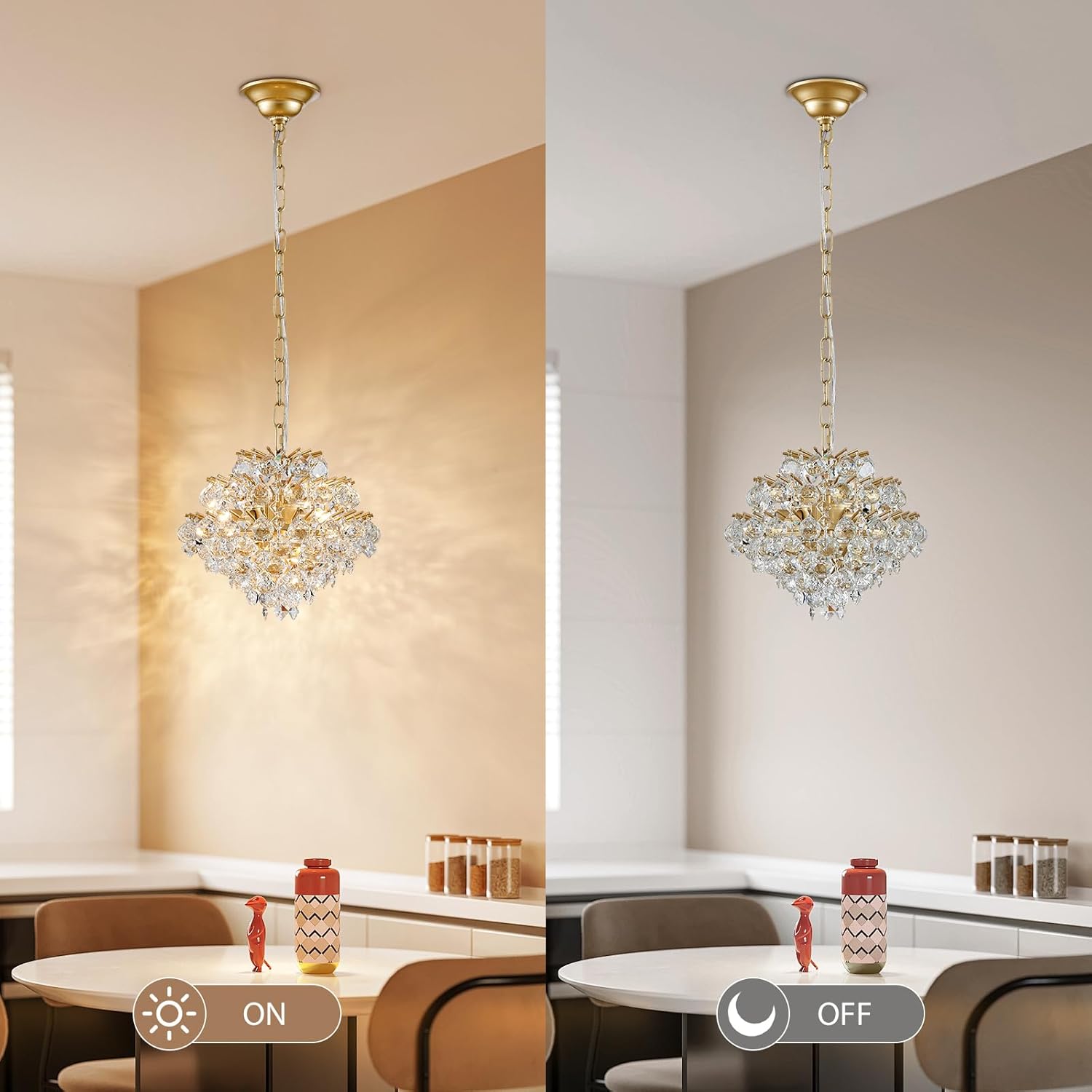 Bestier Gold Modern Pendant Chandelier Crystal Raindrop Lighting Ceiling Light Fixture Lamp for Dining Room Bathroom Bedroom Livingroom 4 G9 Bulbs Required D11 in x H12 in