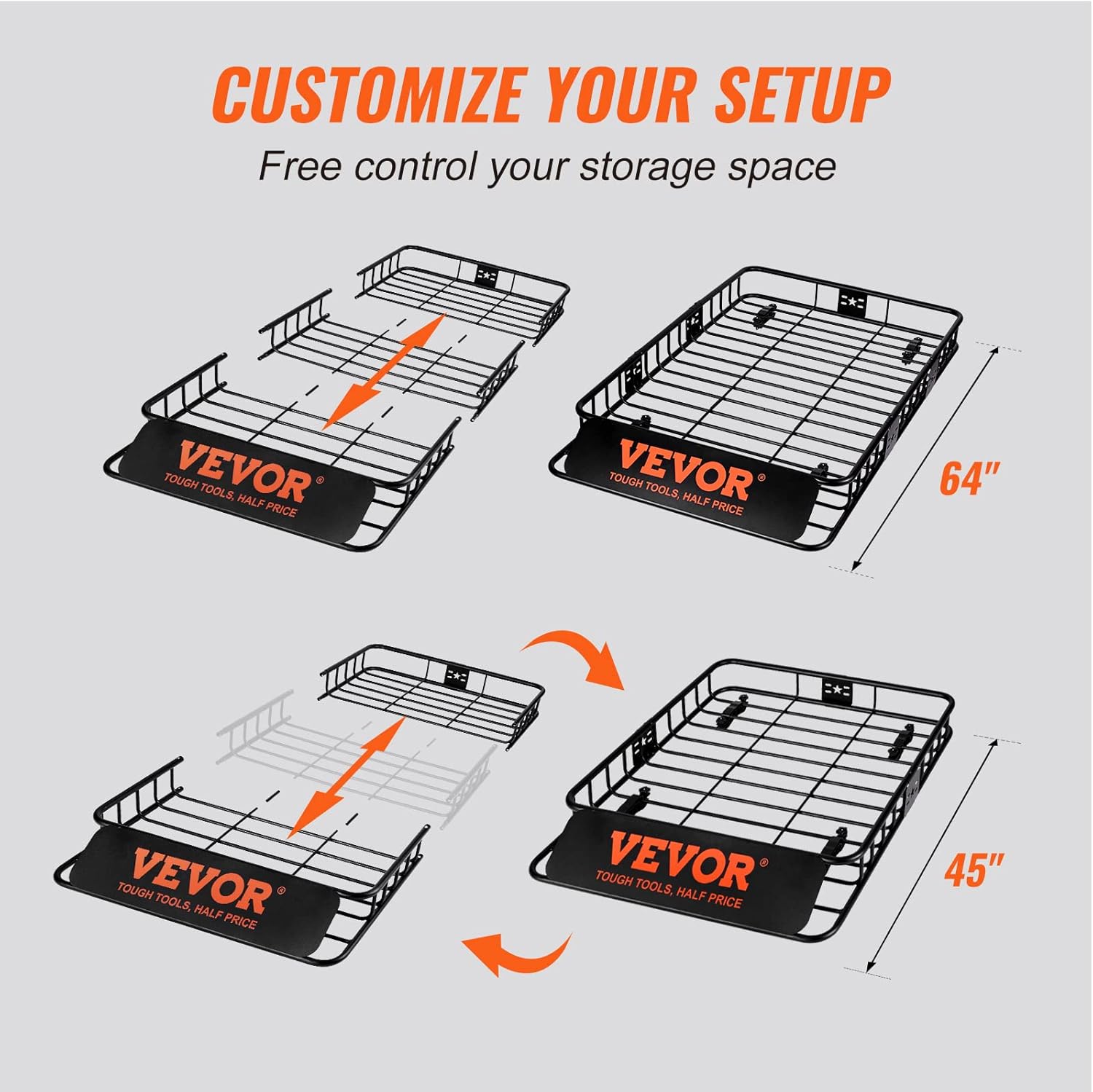 VEVOR Roof Rack Cargo Basket, 64' x 39' x 6' Rooftop Cargo Carrier with Extension, Heavy-Duty Steel 200 LBS Capacity Universal Roof Rack Basket, Luggage Holder for SUV, Truck