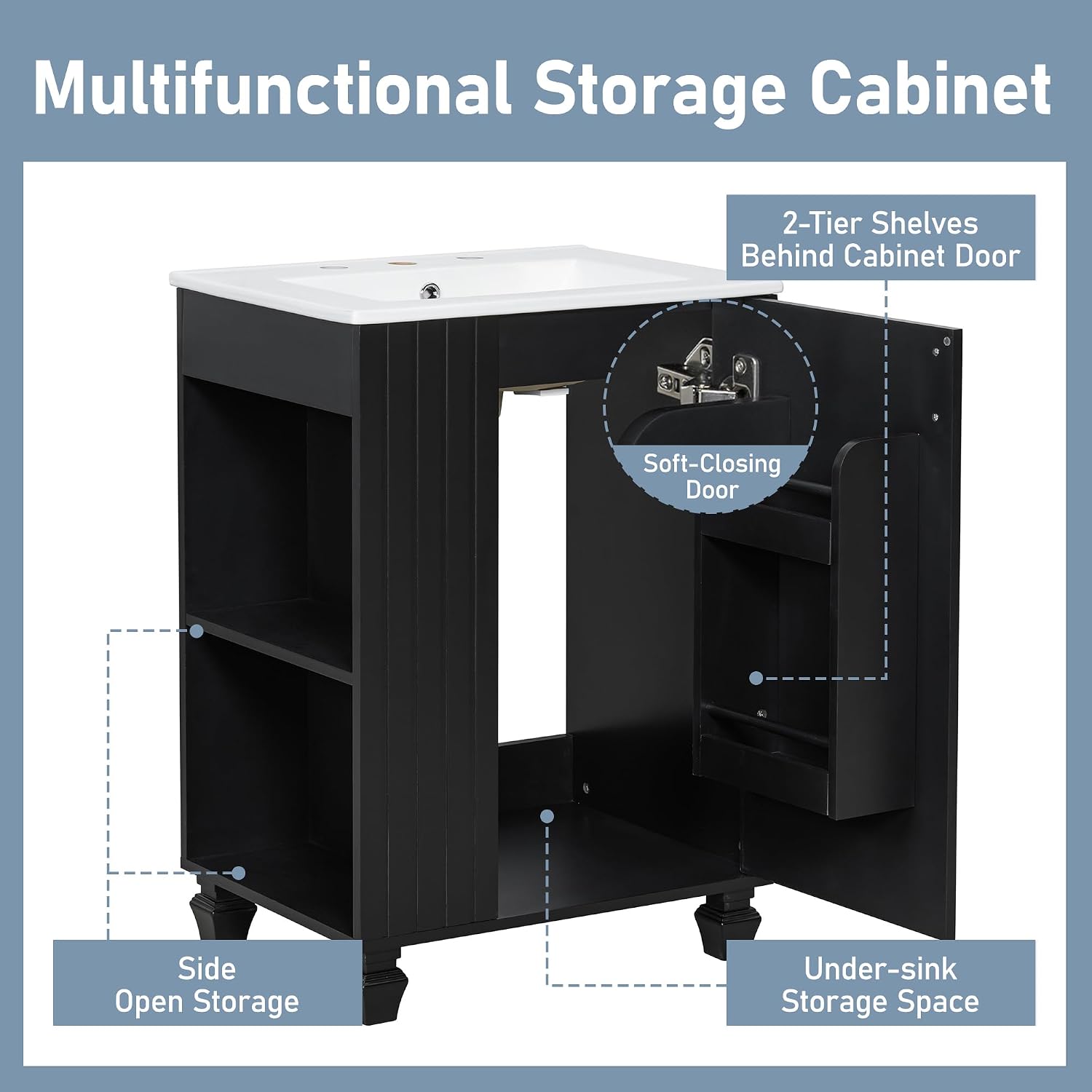 24-inch Bathroom Vanity with Sink Combo, Free-Standing Single Storage Cabinet with Door Shelf, Side Open Storage, and Cabinet, Vanity with Ceramic Basin for Bathroom (Black)
